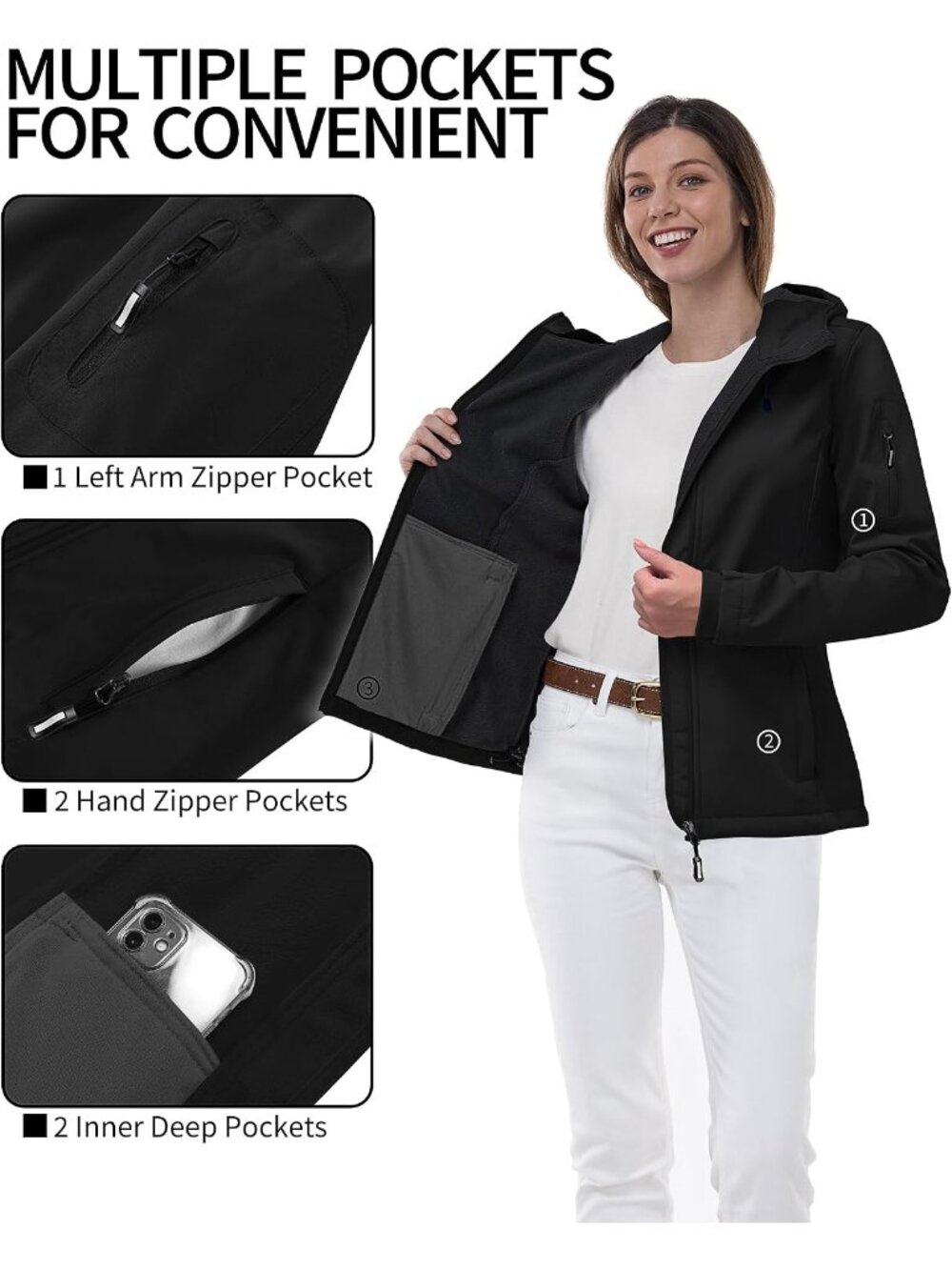 Women's Black Softshell Jacket Fleece Lined Breathable Waterproof Rain Coats - Picture 5 of 5